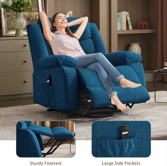 Oversized Power Lift Recliner for Elderly Extra Wide Electric Recliner Chairs with Massage and Heat Reclining Chair with Side Pockets Recliner for Living Room (Imitation Cashmere Blue)