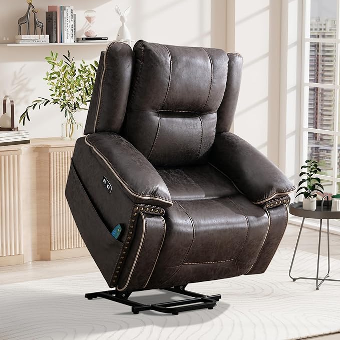 Bonzy Home Power Lift Recliner Chair for Elderly with Massage and Heating Dual Motor Faux Leather Lift Chair with Spacious Seat 2 Cup Holders Adjustable Headrest (Grey Brown)