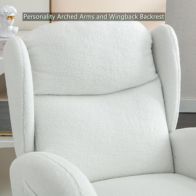 Setawix Teddy Rocking Glider Chair for NurseryUpholstered Living Room Rocker Arm ChairLeisure Sherpa Wingback ArmchairMid Century Modern Rocking Accent Chair with Side Pockets (Wingback Ivory)
