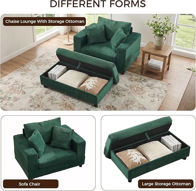 Chaise Lounge Chair IndoorOversized Corduroy Upholstered Sofa Bed with Removable Storage Ottoman Small Cloud Sofas for Living Room Comfy Deep Seat Sleeper Couch Reading Chairs (Green)