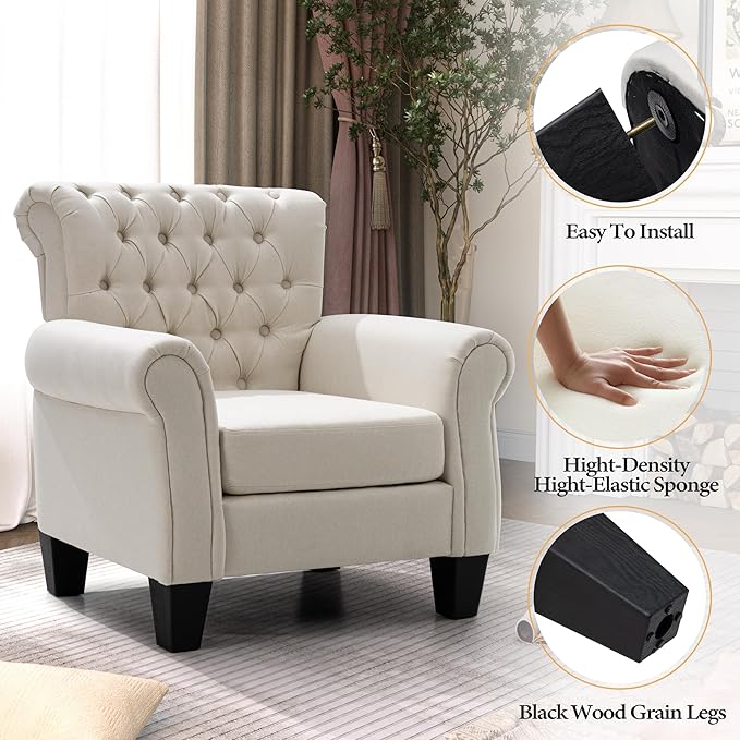 Soft Accent Chair Reading Arm Chair Fabric Living Room Chairs for Bedroom Home Office Single Sofa (Beige)