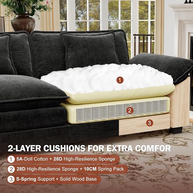 CDCASA 117 Oversized Modular Sectional Sofa with Corner Comfy V-Shaped Cloud Couch 5-Seater Chenille Deep Seat Modern Sofa Couch for Living Room DIY Combination Black
