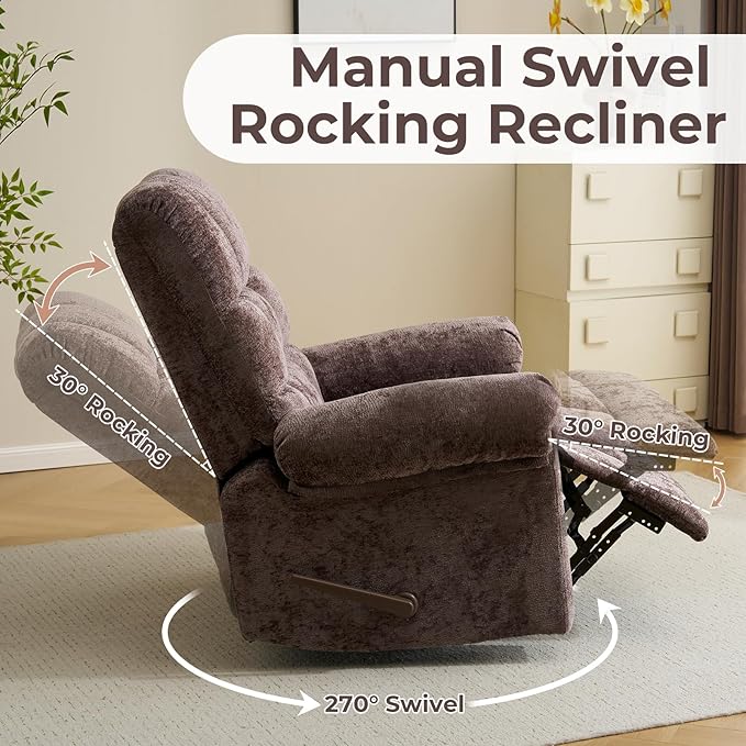 Oversized Swivel Rocker Recliner with Heat and Massage Overstuffed Swivel Rocking Chair for Living RoomManual Rocker ReclinerComfy Soft Fabric Recliner Sofa ChairCoffee