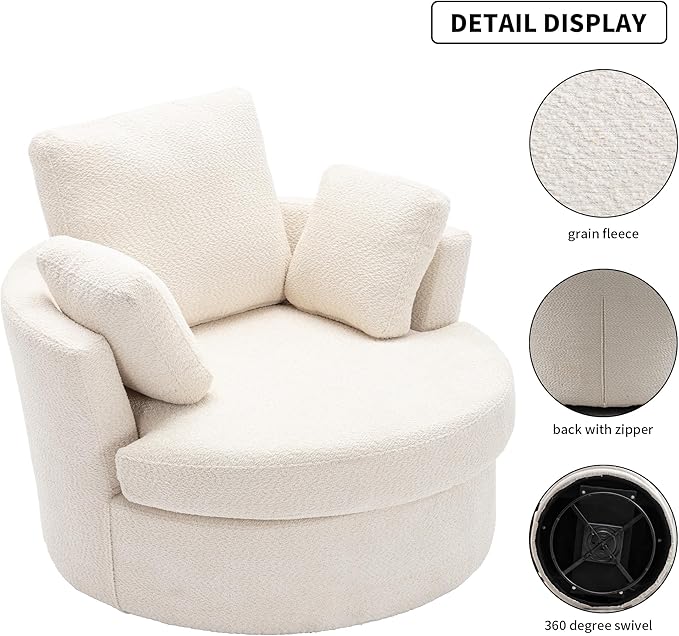Oversize Round Swivel Chair Cozy Club 360 Degrees Swivel Sofa with 3 Pillows Chenille Fabric for Living Room Lounge Hotel Bedroom 40.2D X 42.1W X 34.3H Inches (Beige)