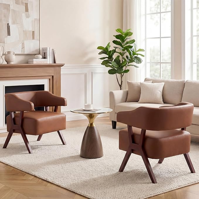 STHOUYN Leather Accent Chairs Barrel Chair with Solid Wood Frame Mid-Century Modern Wooden Armchair with Wraparound Back Comfy Office Reading Chair for Living Room Bedroom (2 Brown)