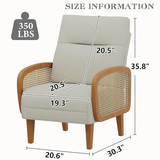 Andeworld Accent Chair Set of 2Upholstered Modern Living Room Chairs with Natural Rattan Arm Linen Fabric Arm Chair with Wooden Legs for Bedroom Club Balcony Reception Ivory