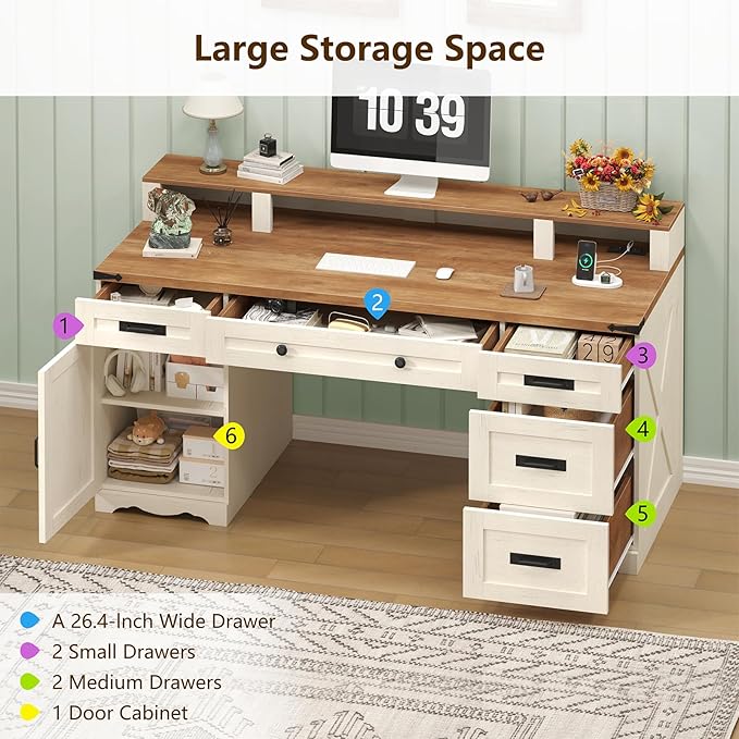 Farmhouse Executive Desk with Drawers &amp Storage Shelves 55 Computer Desk with Power Outlets Home Office Desk with Monitor Stand &amp File Drawers Writing Study Table Antique White