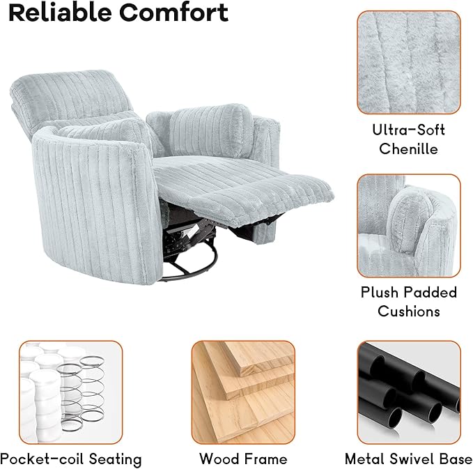 leovanni Power Swivel Rocker Recliner Chair Chenille Upholstered Nursery Glider Rocking Chair with 2 Pillows USB Ports Electric Nursing Reclining Chairs Bedroom Living Room Sky Blue