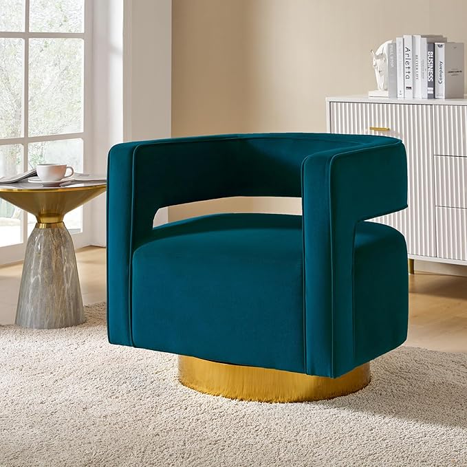 TINA'S HOME Swivel Accent Barrel Chair Modern Velvet Armchair with 3D Curved Open Back &amp Swivel Gold Metal Base Upholstered Club Chair for Living Room Bedroom Nursery Teal(No Assembly Required)