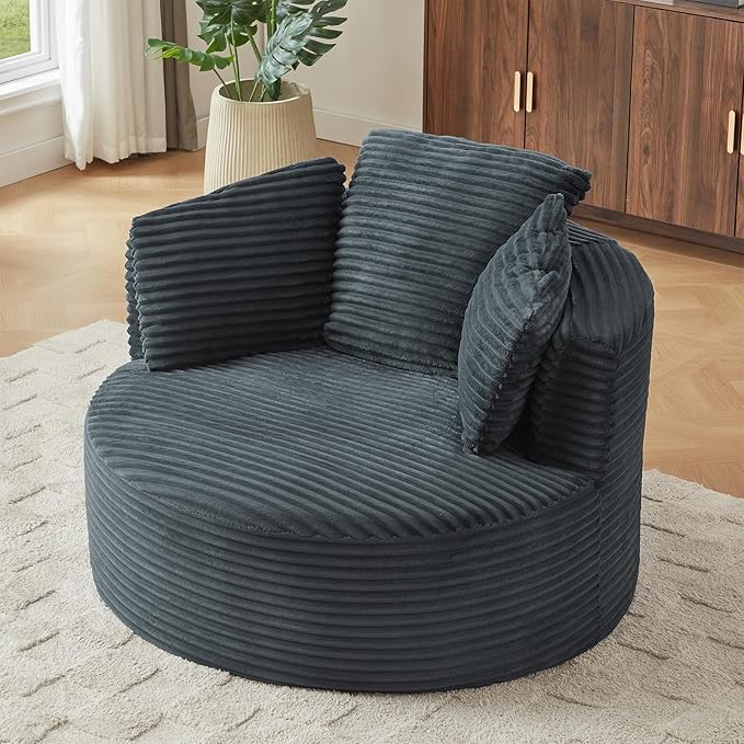 Round Chair Lounge Chaise Indoor 48.8 Oversized Sofa Chair Upholstered Corduroy Deep Seat Sleeper Sofa Bed No Assembly Required for Living Room Bedroom Apartment Dark Gray