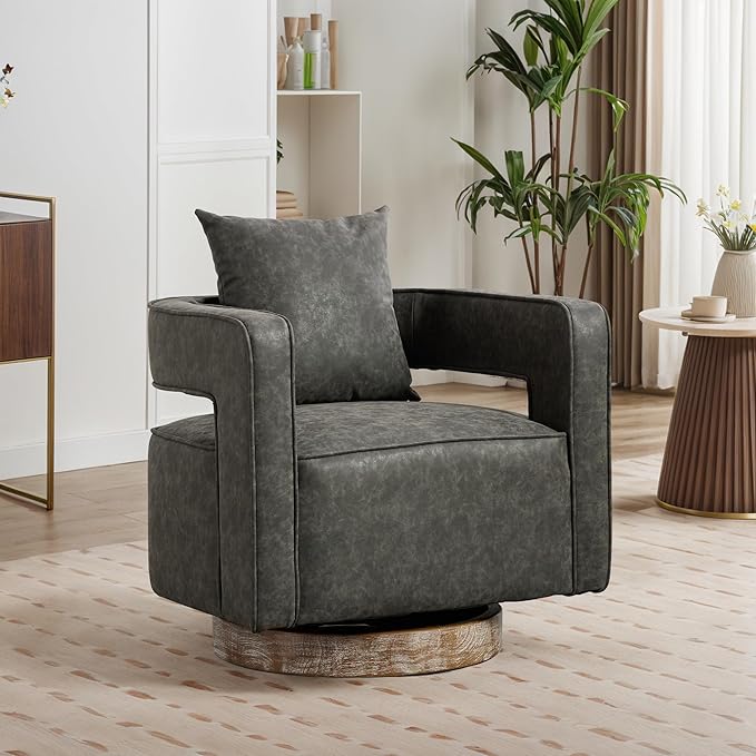 Mlmh &amp Kngwa 29 W Swivel Accent Barrel Chair Set of 2 Mid Century Modern PU Leather Round Arm Chair for Living Room BedroomGray