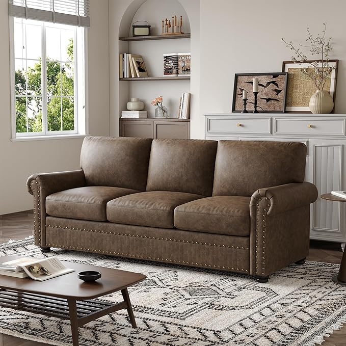 ONBRILL Faux Leather Sofa 84 Inches Nailhead Trim Couch for Living Room Mid-Century Modern Deep Seat Sofa with Rolled Arms Classic 3 Seater Couch for Apartment Office Brown