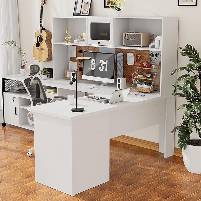 Unikito L Shaped Desk with Drawers 60 Inch Office Desk with Power Outlet and LED Lights Sturdy Corner Computer Desk with Hutch and File Cabinets 2 Person Home Office Gaming Table White