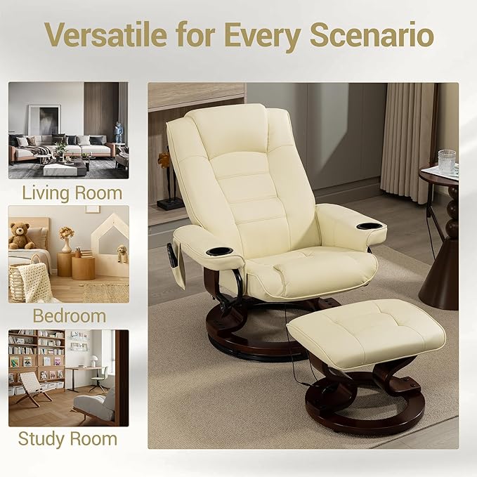 8-Point Massage Recliner with Ottoman Heated PU Leather Reclining Chair w/Solid Wood Base Indoor Lounge TV Chair with Footrest for Living Room and Bedroom Beige