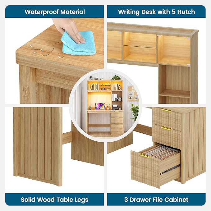 Standing Desk with LED Light for Office Room Smart Computer Desk with Hutch and Drawer for Game RoomModern Study Table with 2AC Port Charging Station/Lamp/for Bedroom (Wood)