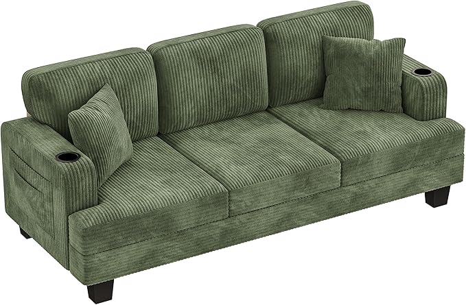 YESHOMY Couches for Living Room Comfy Corduroy Cloud Couch 3 Seater Sofa with Deep Seat Modern Couch with 2 Pillows and 2 Cup Holders for Apartment (Green) | Deep Seat Cloud Cousion Soft Pillows