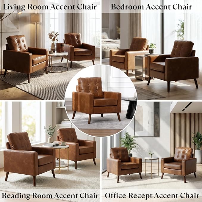 Brown Accent Chairs Set of 2 Faux Leather Tufted Single Sofa Oversized Club Chair Armchair Mid Century Modern Armchair with Wood Legs for Reading/Living Room/Bedroom