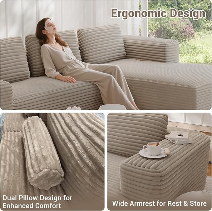 105 Cloud Sectional Couch with L-Shape Chaise Modular Deep Seat Sofa No Assembly Required Upholstered Couches for Living Room Bedroom (Gray Plush Corduroy Right Facing Chaise)