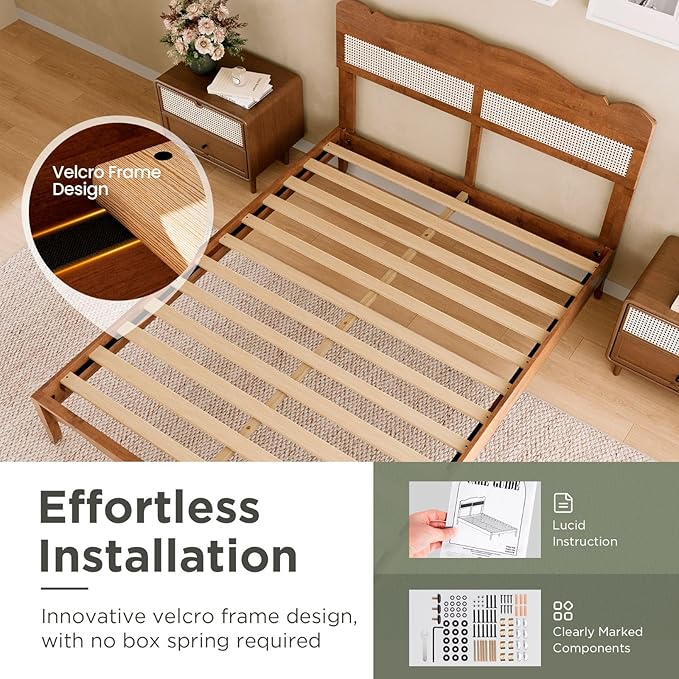 Sophia &amp William Queen Bed Frame with Adjustable Headboard Wooden Bed Frame Queen Size Solid Wood Slats Support No Box Spring NeededBrown