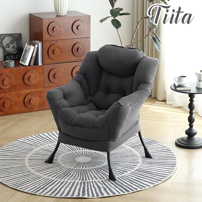 Tiita Lazy Chair Gray Modern Large Accent Armchair Comfy Leisure Sofa Reading Chair for Bedroom Living Room Dorm Rooms Garden and Courtyard Dark Grey