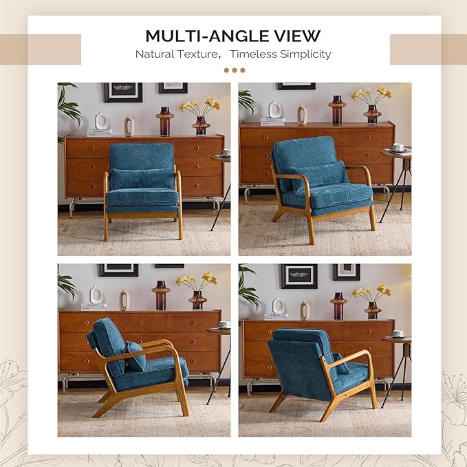 VINGLI Chenille Mid-Century Modern Accent Chair Set of 2 Cute Reading Arm Chair with Cushion &amp Lumbar Pillow &amp Solid Wood Frame for Lounge Living Room Reading Room Bedroom Blue