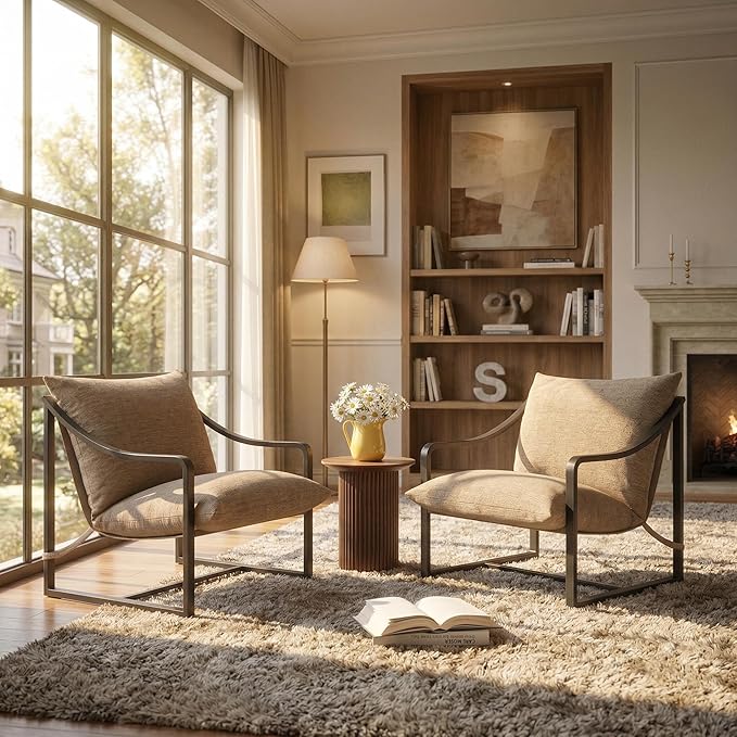 Accent Chairs Set of 2 Outdoor Chairs with Metal Frame and SOFE Cushion Comfy Chair for Patio Living Room &amp Bedroom Easy Assembly