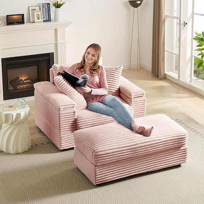 Chaise Lounge Chair Indoor 44 Inch Comfy Corduroy Sectional Cloud Couch Upholstered Single Sofa w/Movable Ottoman for Living Room Bedroom Apartment Pink