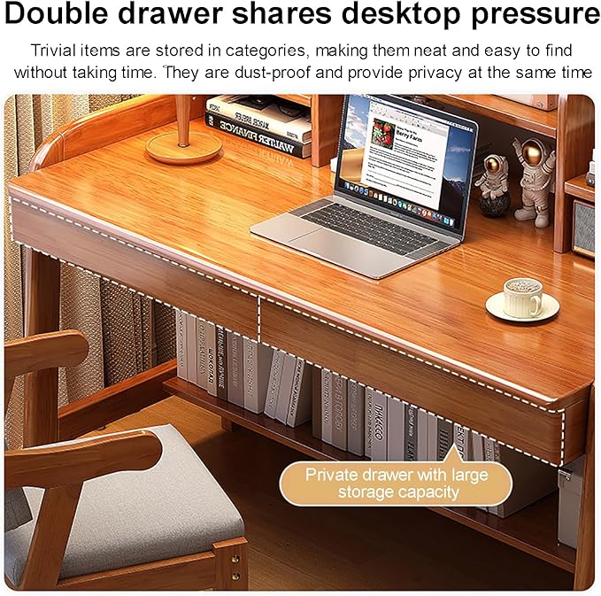 Solid Wood Writing Desk Mid-Century Modern Computer Desk with Hutch and 2 Drawers Simple Study Table for Home Office Workstation with Open Storage Shelf