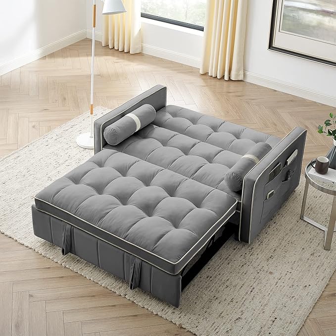 3 in 1 Sleeper Sofa Couch Bed Small Tufted Velvet Convertible Loveseat Futon Sofa w/Pullout Bed Adjustable Backrest Cylinder Pillows for Living Room Apartment Easy to Assemble Grey 55.5
