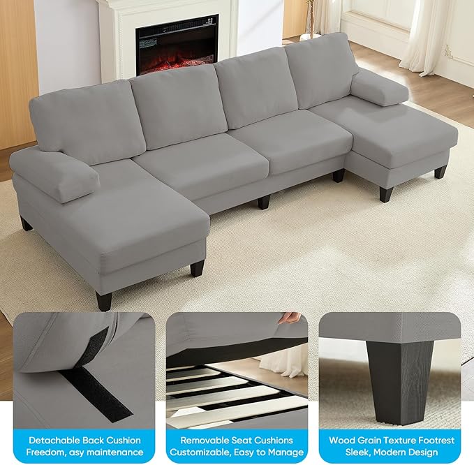 Mjkone 110 Width Sectional Couches with Chaises for Living Room U Shaped Cloud Sofa Couch with Ice Velvet Fabric Minimalist 4 Seater Sofa Set Living Room Sets Furniture for Home Office Light Grey