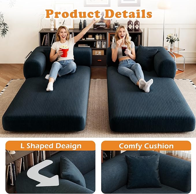 78.8 Modern Convertible Floor Sleeper Sofa Bed Corduroy Modular Boneless Couch with Silver Fixed-Shape Frame No Assembly Futon Cloud Loveseat with Pull-Out Bed for Living Room (Blue)