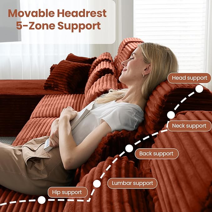 141 Boneless Couch with Reversible Chaise U Shaped Sectional Couches for Living Room Modular Sectional Sofa 28 Deep Seat Corduroy Couch Reversible Chaise Couch in a Box Orange