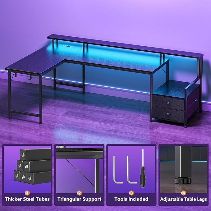 66'' L Shaped Gaming Desk with Drawers and Storage Shelves Reversible Corner Desk with Power Outlets and Host Stand Large Computer Desk with Led Lights for Gaming Work Home Office Black