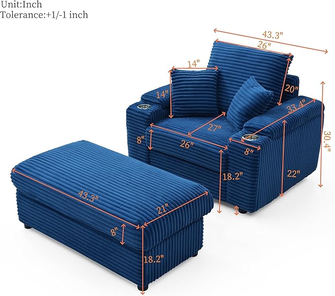 43.3 W Corduroy Chaise Lounge Chair with with Cup Holders &amp Storage Ottoman Comfy Sleeper Chair with 2 Pillow Extra Wide Armrests Modern Deep Seat Reading Armchair for Living Room (Blue)