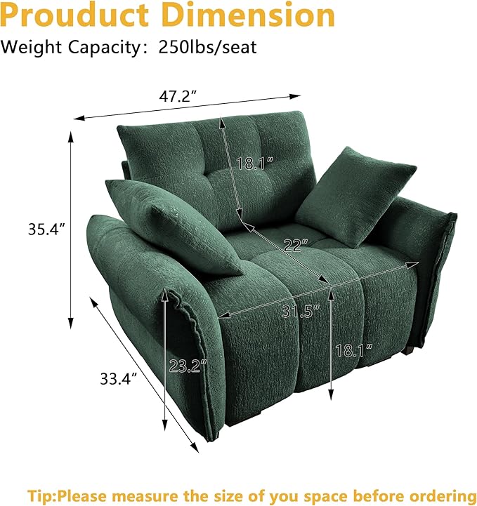 mikibama 47 Modern Oversized Sofa ChairsSingle Sofa Chair with ArmsUpholstered Deep Seat Couch Comfy Large Armchair for Living Room Bedroom Apartment OfficeChenille(Green)