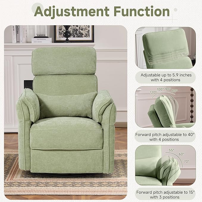 MELLCOM Power Recliner Rocking Chair Nursery Gliders with Adjustable Armrests and Headrest Swivel Electric Glider Reclining Nursing Chair with USB Port and Storage Bags FSC Certified(Fabric Green)