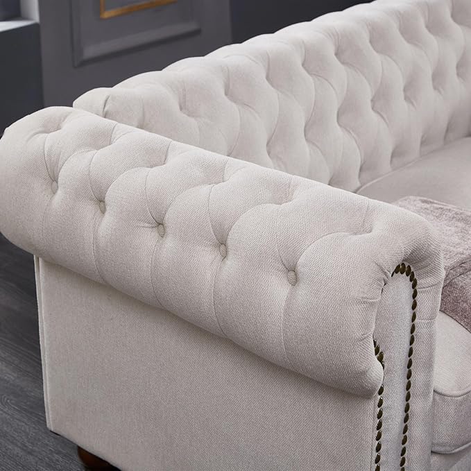 KEVINSPACE 88.5 Modern Sofa Couch for Living Room 3 Seater SectionalSofa Couch Comfy Linen FabricSofa Button Tufted Cushions Rolled Arms Wood Legs Chesterfield Sofa for Small Spaces Beige