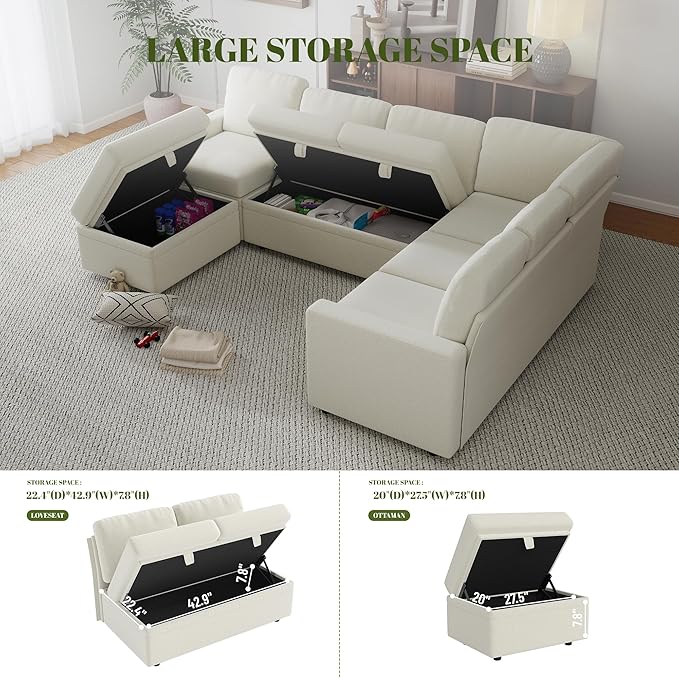 Chenille L Shaped Sofa Couch with Ottoman7 Seater Modular Sectional Sofa with StorageModern Corner Couch BedConvertibe Pullout Sleeper Sofas for Living Room (Chenille Beige 7 Seater)