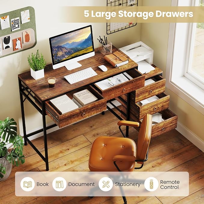Tangkula Computer Desk with 5 Drawers 51 Home Office Desk with Printer Stand Metal Frame Study Writing Table Industrial Computer Workstation PC Desk for Bedroom Office Small Space Rustic Brown