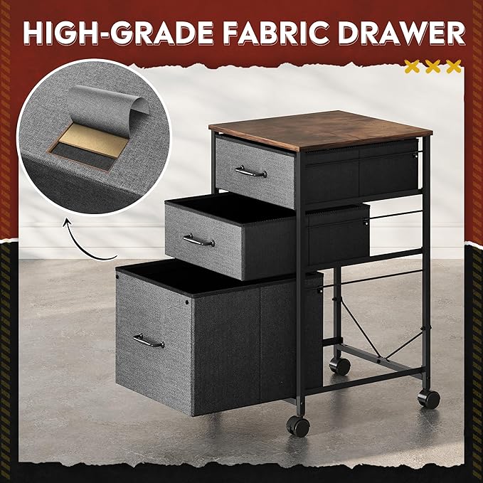 DEVAISE Mobile File Cabinet Rolling Printer Stand with 3 Drawers Fabric Vertical Filing Cabinet fits A4 or Letter Size for Home Office Rustic Brown