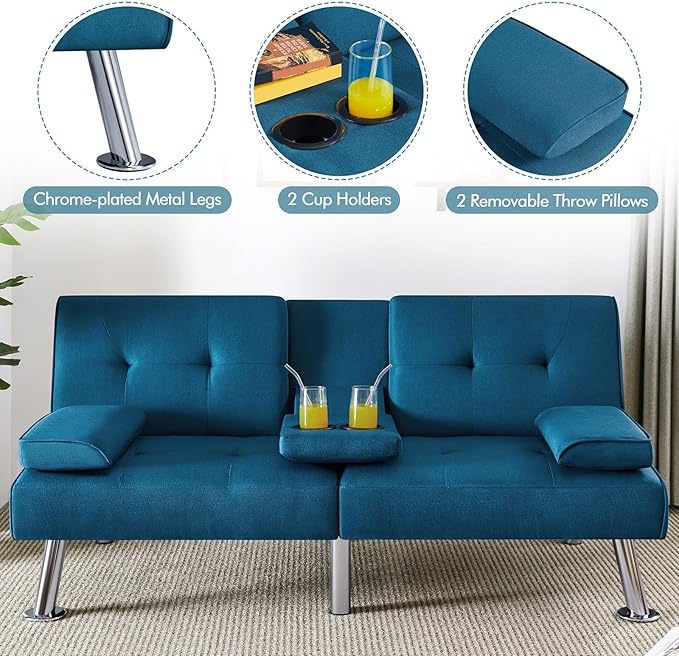 Yaheetech Convertible Sofa Bed Adjustable Fabric Couch Sleeper Modern Recliner Reversible Loveseat Folding Daybed Guest Bed Removable Armrests Cup Holders 3 Angles 772lb Capacity Aqua Blue