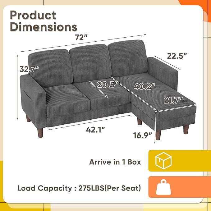 YESHOMY Couches for Living Room Sofa with Movable Ottoman Small Couch with Reversible Chaise and Side Pockets L Shaped Couch for Small Space Apartment (Corduroy Grey)