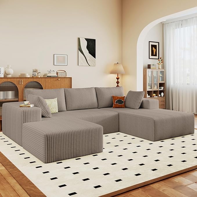 96 W Cloud Sectional Couch with OttomanModern U-Shaped Cloud Couch with Deep SeatComfy Corduroy 3-Seater SofaMemory Foam Sofa for Living RoomNo Assembly (CamelRight-Facing Chaise)