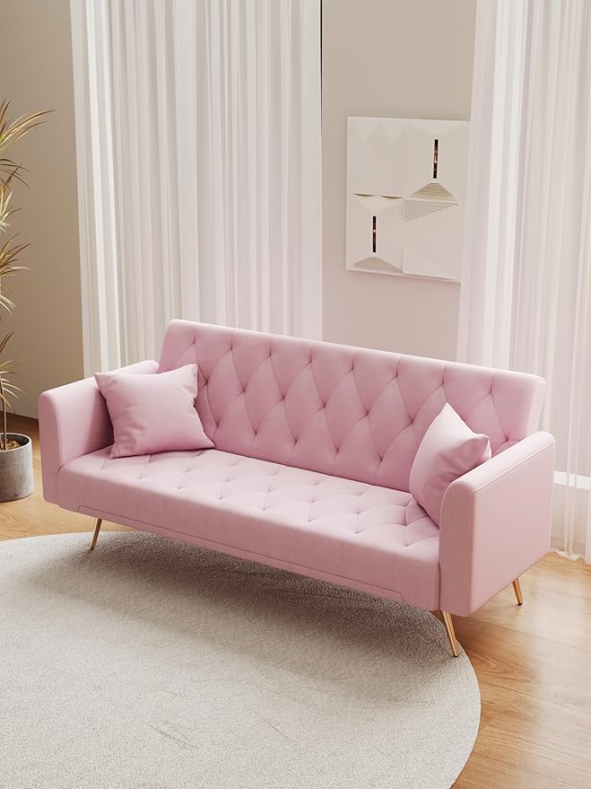 71 Convertible Velvet Futon Sofa Bed Loveseat with Multiple Adjustable BackrestsModern Sleeper Couch with Golden Metal Legs for Living RoomApartmentOfficePink