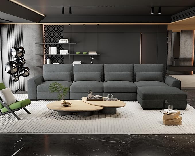 130Sectional Couches for Living Room - Large Modular 5 Seat Sectional Couch-Velvet Linen with Storage Deep Seat Sofa-Convertible Sofa for Large Living Rooms-with ChaiseWashable Covers-Dark Gray