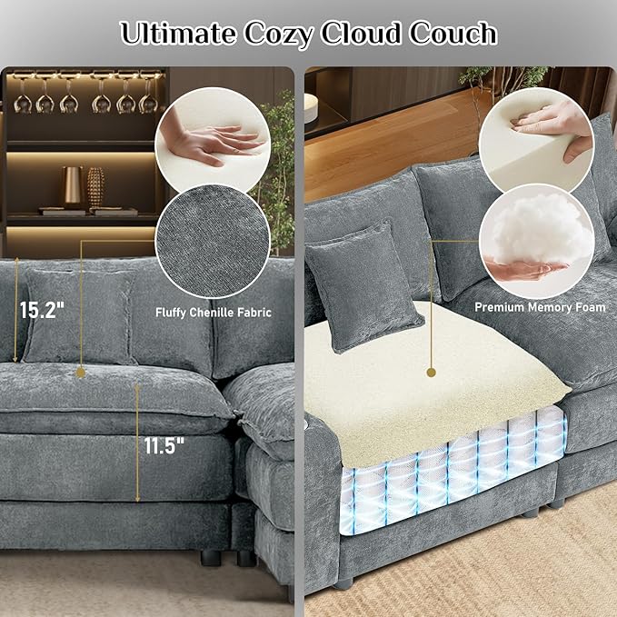 163 Oversized U Shaped Cloud Couch Modular Sectional Sofa 6 Seat Sofa Set for Living Room Comfy Fluffy Chenille Deep Seat with Movable Ottoman Storage Central Console USB Ports Cup Holders Grey