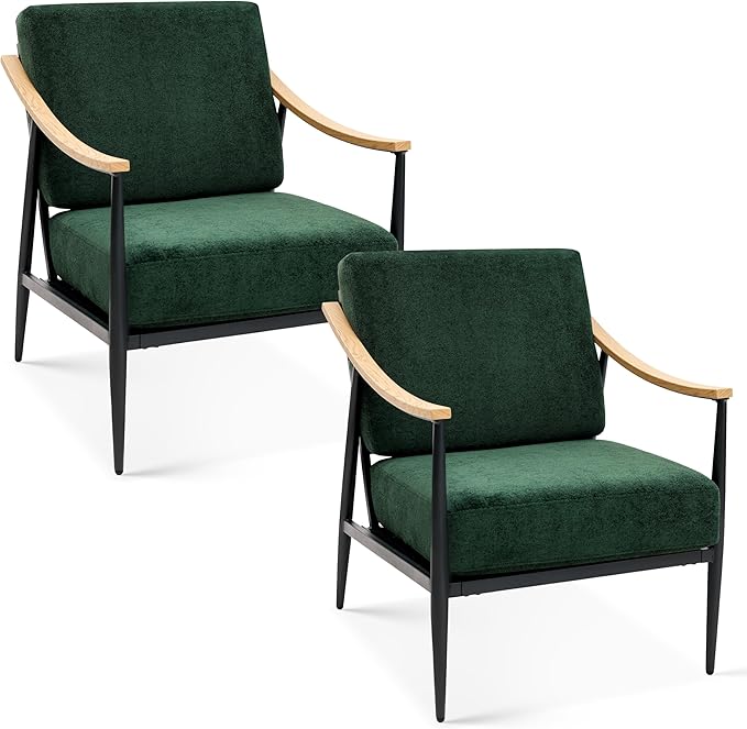 Modern Accent Chairs Set of 2 for Living Room Bedroom Mid Century Arm Chairs Upholstered Office Accent Chairs Comfy Waiting Room Chairs with Metal Frame Green