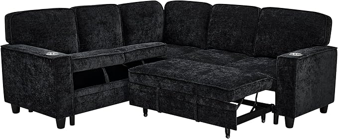 ERYE L-Shaped Symmetrical Sleeper Sectional Sofa W/Pull Out Sleeper Couch Bed and Storage Seat for Living Room Chenille Tufted Corner Convertible Sofa Bed with USB-C Ports