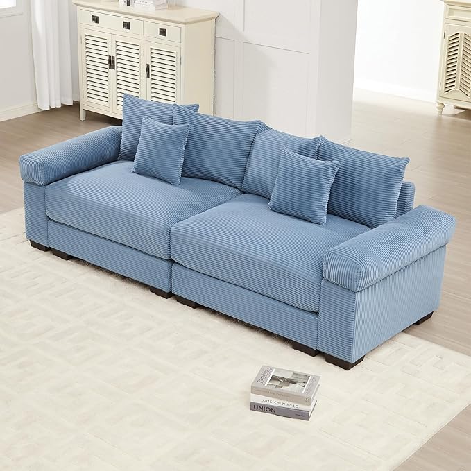 92.4 Oversized Modular Sectional Sofa Corduroy Large Sectional Couches for Living Room Love Seat Couches Modern Deep Seat Sofa Set Blue