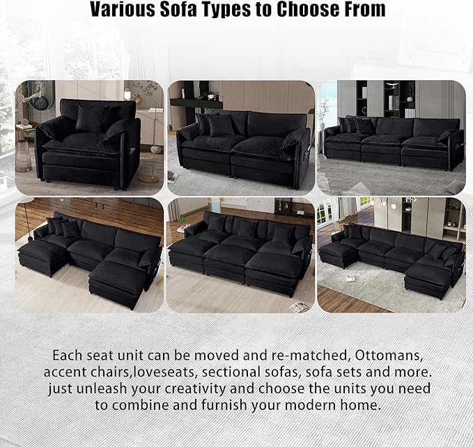 109 Modular Sectional Sofa with 2 Ottoman Chenille Cloud Couch for Living Room &amp Apartment Deep Seat Comfort Flexible U-Shape Combination Sofa for Home &amp OfficeBlack